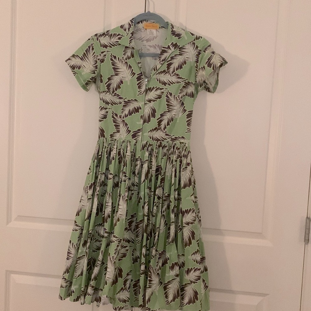 Bernie Dexter Small green brown cream zip front dress
